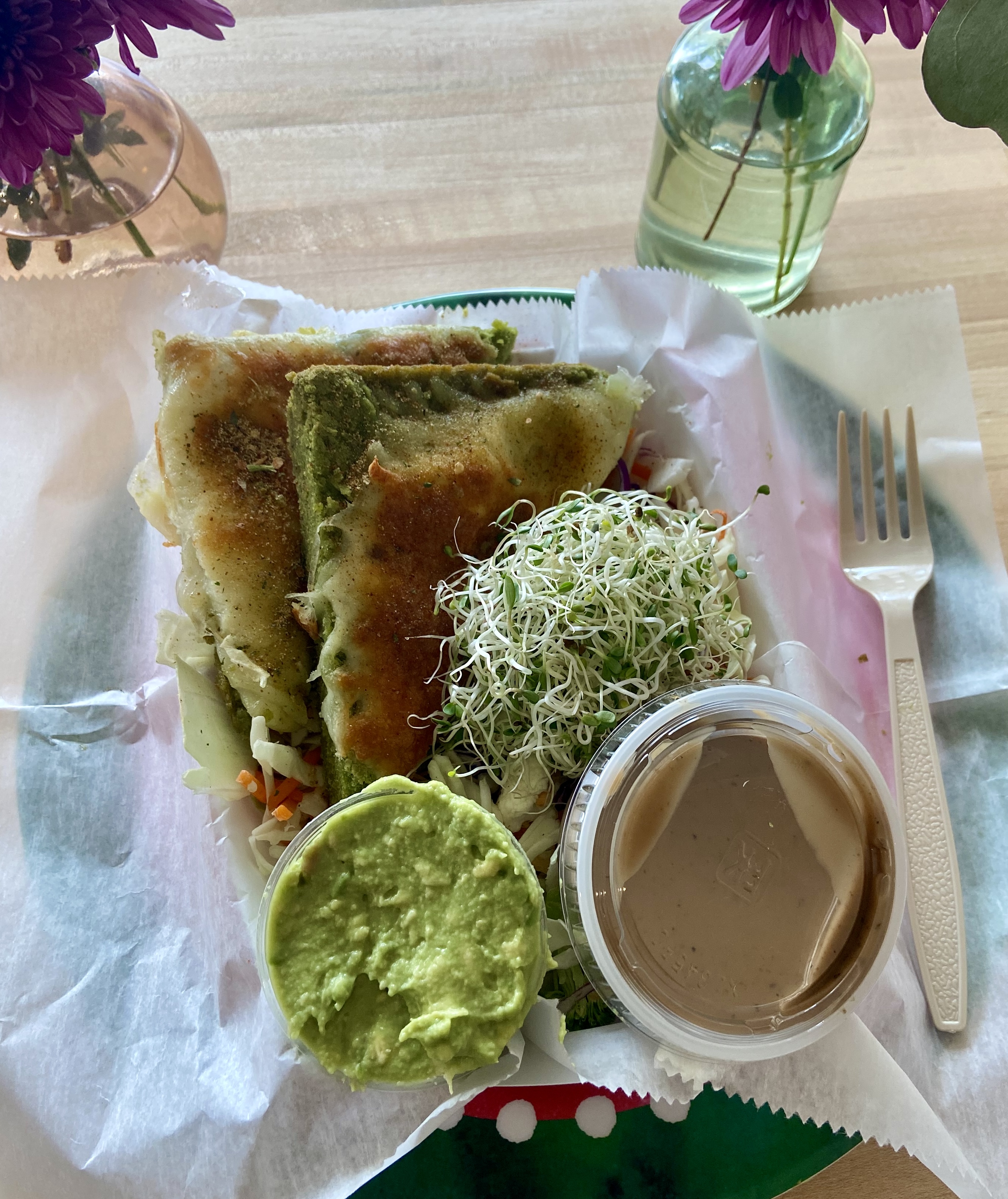 Falafel Salad — a housemade falafel cake over the Super Salad with balsamic vinaigrette
