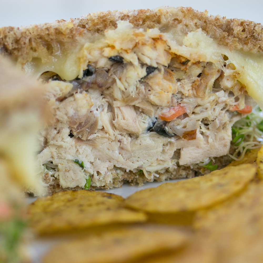 Turkey salad sandwich with alfalfa sprouts on toasted 7-grain bread