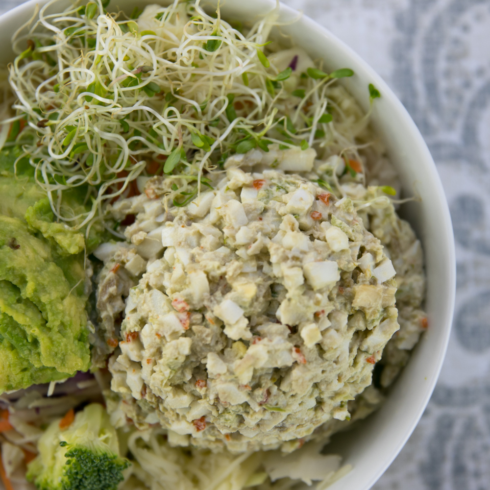 Egg Salad Salad — a scoop of egg salad over the Super Salad with wheat crackers